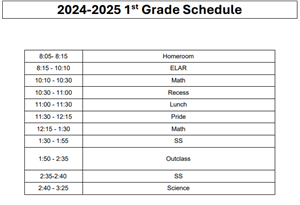 2024-2025 1st Grade schedule